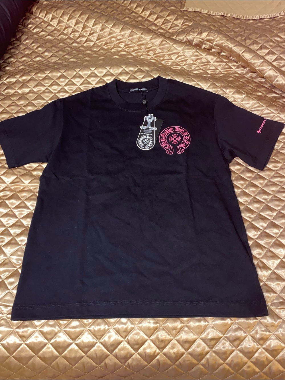 Chrome Hearts Black Tee with Pink Chest Emblem